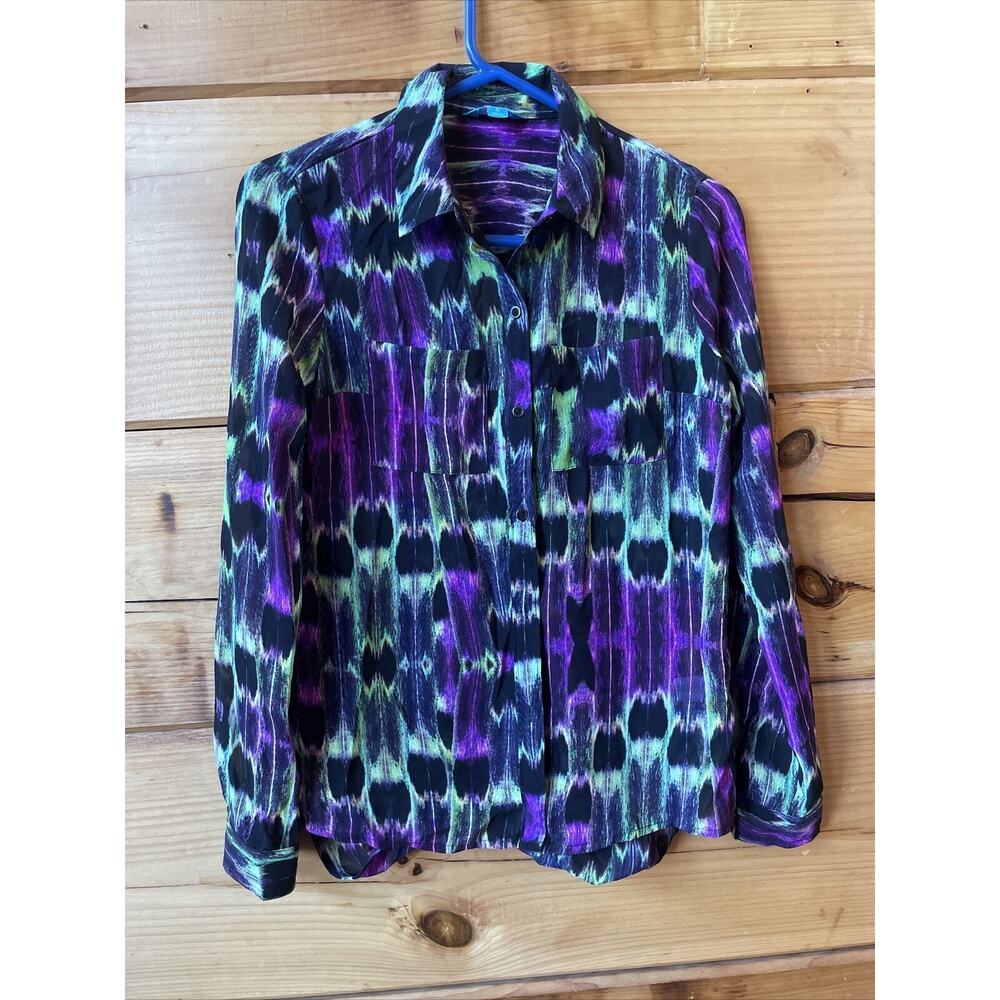 Nanette Lepore L'Amour Black Purple Green Button Down Top w/ Keyhole Size Small
